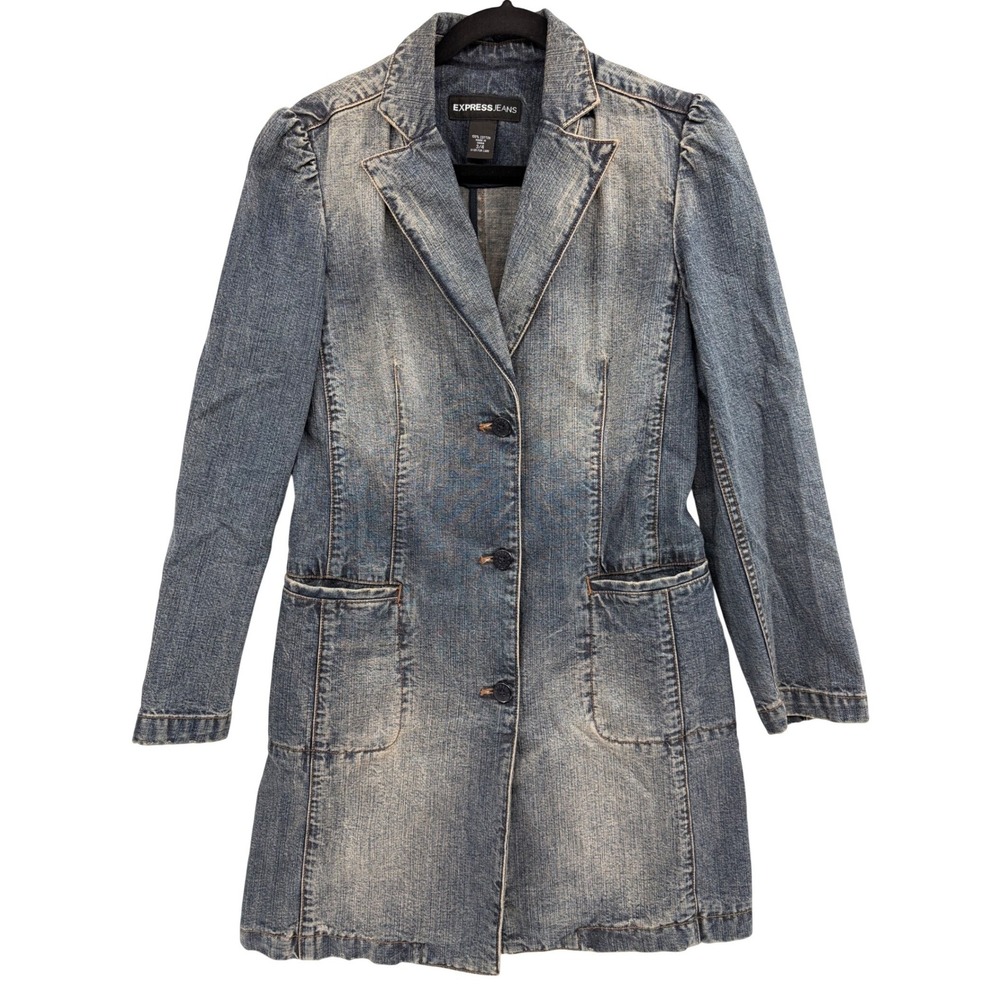 Vintage Y2K Express Jeans Long‎ Line Denim Jean Jacket Size 3/4 Coastal Cowgirl